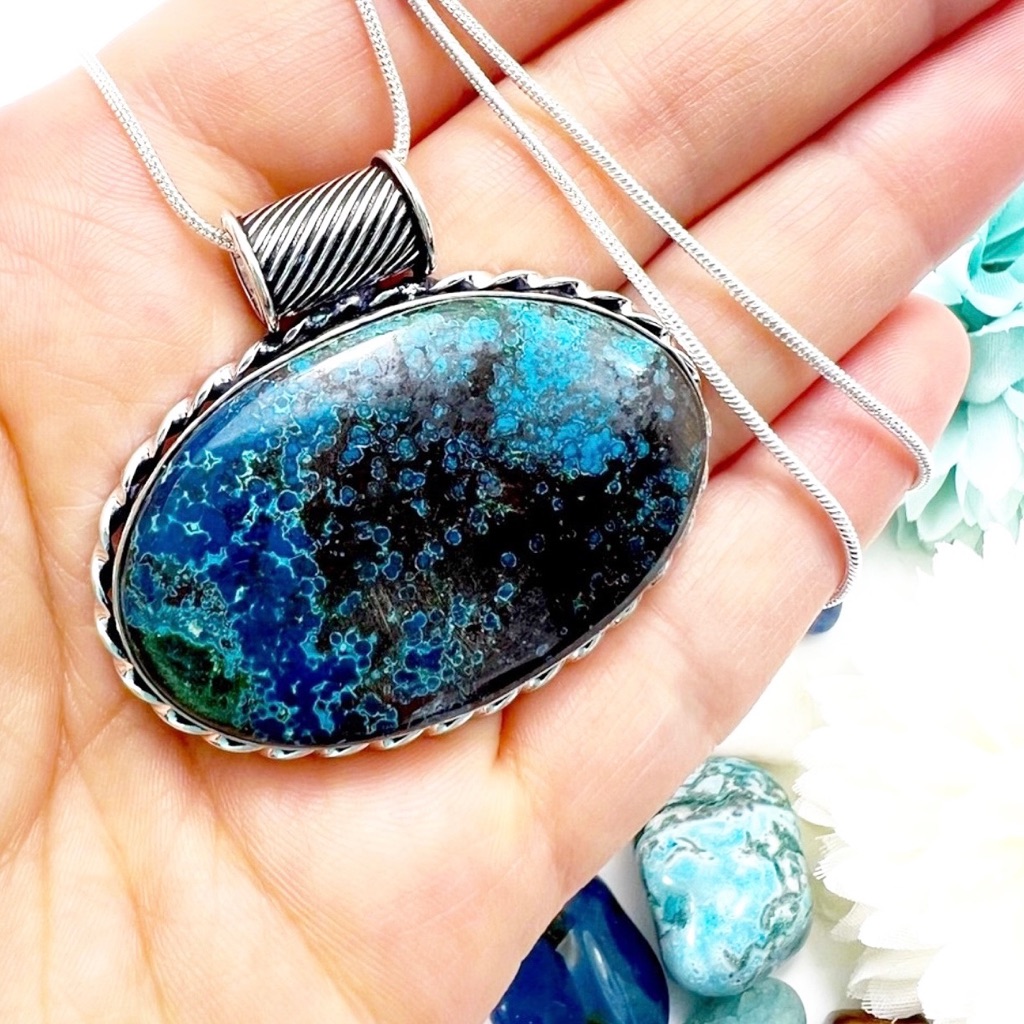 New Azurite Chrysocolla 925 Stamped Ss Oval Pendant